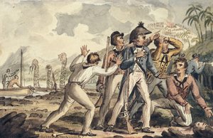 Kapitein Burney ontdekt zijn vermoorde scheepsmaten, uit de reizen van kapitein Cook door Isaac Robert Cruikshank