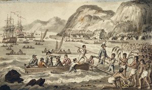 Kapitein Cook landt in Owyhee, illustratie uit "De reizen van Kapitein Cook" door Isaac Robert Cruikshank