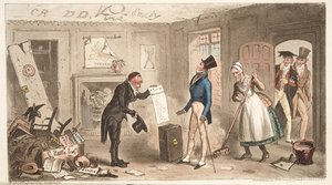 College comfort, een eerstejaars die zijn kamers in bezit neemt, uit The English Spy, gepubliceerd 1824
