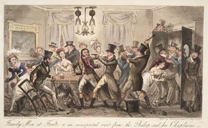 Familie mannen in de fout, of een onverwacht bezoek van de bisschop en zijn kapelaans, uit The English Spy, uitgegeven 1824 door Isaac Robert Cruikshank