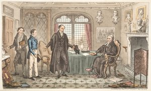 Eerste buiging naar Alma Mater, of Bernard Blackmantles introductie aan de grote pruik, uit The English Spy, gepubliceerd Londen, 1824