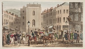 Milsom Street & Bond Street met Portretten van Bath Swells, uit The English Spy, gepubliceerd Londen, 1824