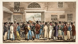 Maandag na de Grote St Leger, of Helden van de Turf die betalen en ontvangen bij Tattersalls, uit The English Spy, uitgegeven 1824