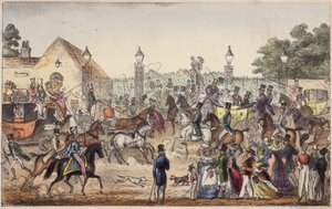 De aankomst, of westelijke ingang naar Cockney Land (gekleurde gravure)