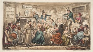 De Buff Club bij de Pig and Whistle, Avon Street, Bath, uit The English Spy, gepubliceerd Londen, 1824