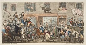 De komische processie uit The English Spy, uitgegeven 1824 Gloucester naar Berkeley, uit The English Spy, uitgegeven 1824
