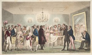 De Groene Kamer van het Koningstheater, of Edelen die buitenlandse curiositeiten bekijken, uit The English Spy, uitgegeven 1824