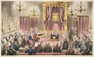 Het Hogerhuis in Hevige Debat, uit The English Spy, gepubliceerd 1824 door Isaac Robert Cruikshank