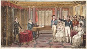 De koning thuis, of Mathews in Carlton House, uit The English Spy, door Charles Westmacott, gepubliceerd 1824