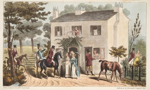 De Oakland Cottages, Cheltenham, of Vossenjagers en hun Favorieten, uit The English Spy, gepubliceerd 1824 door Isaac Robert Cruikshank