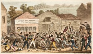 Thee Pot Row in Harrow, of de slag bij Hog Lane, uit The English Spy, uitgegeven 1824 door Isaac Robert Cruikshank