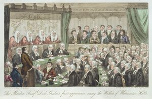 De eerste verschijning van Dick Gradus onder de waardigen van Westminster Hall, gepubliceerd 1824 door Isaac Robert Cruikshank