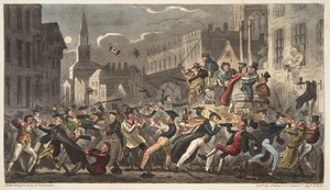 Stad en toga, uit The English Spy, gepubliceerd 1824 door Isaac Robert Cruikshank