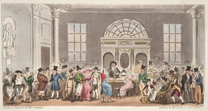 Bekende bezoekers van de Pump Room, Bath, een slokje nemend met Koning Bladud, uit The English Spy, gepubliceerd 1824 door Isaac Robert Cruikshank