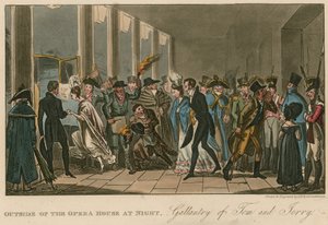 Buiten het operagebouw; Galanterie van Tom en Jerry door Isaac, Robert and George Cruikshank