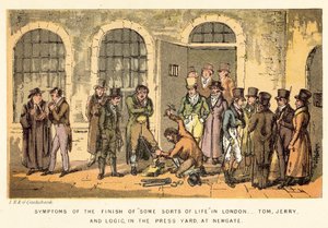 Symptomen van het einde van sommige soorten leven in Londen, Tom, Jerry en Logic, in de persruimte, bij Newgate door Isaac, Robert and George Cruikshank