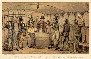 Tom, Jerry en Logic, wijn proeven in het vat, bij de London Docks door Isaac, Robert and George Cruikshank