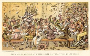 Tom en Jerry grappen bij een gemaskerd bal diner, in het Opera House door Isaac, Robert and George Cruikshank