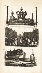 Het Juweelkantoor in de Tower of London, Rag Fair en Oude Kleren en Scheepsbouw door Isaac Taylor