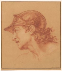 Studie van een man met helm en krullen door Isaac Walraven
