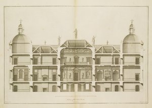 Houghton Hall: sectie van de Oostelijke Voorgevel, gegraveerd door Pierre Fourdrinier, 1735