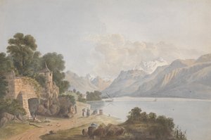 Bergachtig landschap met meer, poort en figuren door Isaac Weld
