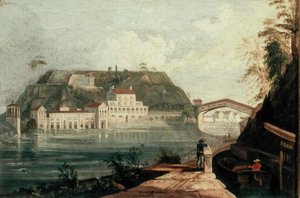 Fairmount Waterworks, naar een gravure van W. H. Bartlett ca. 1835 door Isaac Williams