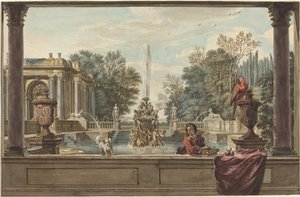 Een Italiaans tuin met een papegaai, een poedel en een man door Isaac de Moucheron
