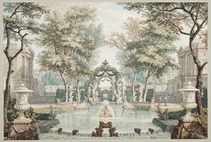 Tuin met Klassieke Gebouwen en een Fontein