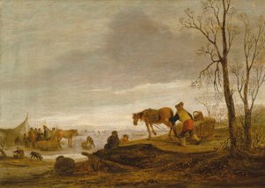Een winterlandschap met figuren op een bevroren rivier door Isaac van Ostade