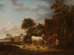 Herberg op het platteland met een paard bij de drinkbak door Isaac van Ostade