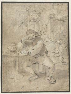 Zittende boer, leunend op een tafeltje door Isaac van Ostade