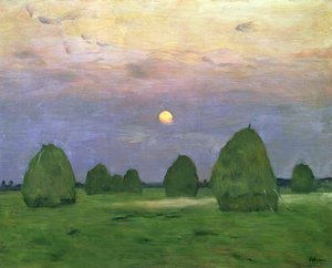 Hooibergen bij schemering, 1899
