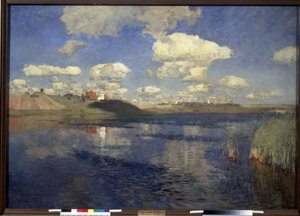 Het meer. Uitzicht op het meer omgeven door riet, met een dorp en velden aan de oevers. door Isaak Ilyich Levitan