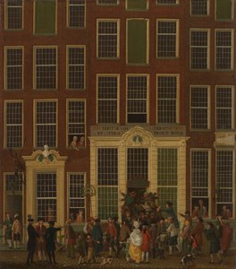 De Boekwinkel en Loterijagentschap van Jan de Groot in de Kalverstraat in Amsterdam door Isaac Ouwater