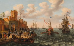 Een Nederlandse driemaster en een pauselijke galei met andere schepen langs de kust van een versterkte stad, ca. 1662