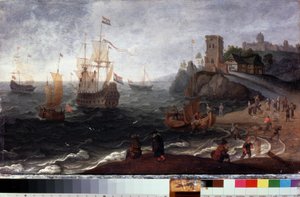 Vismarkt aan de kust door Isaak Willaerts