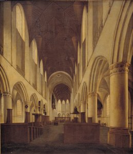 Interieur van de Sint-Bavokerk in Haarlem. Uitzicht vanaf het schip naar het koor door Isaak van Nickelen