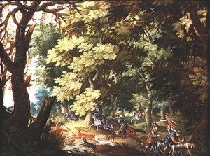 Een Boslandschap met Jagers en Honden door Isaak van Oosten