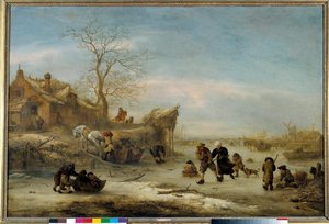 Kanaal met paar schaatsers. Schilderij door Isaak Van Ostade. 17e eeuw
