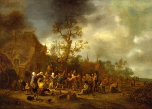 Boerenfeest buiten een herberg door Isack van Ostade