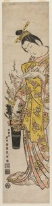 Courtisane die een gedicht leest dat aan bloemen in een vaas is gebonden door Ishikawa Toyonobu