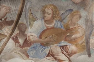 Engelen, muzikale engelen en putti, detail van Paradijs met eeuwige Vader (detail) door Isidoro Bianchi