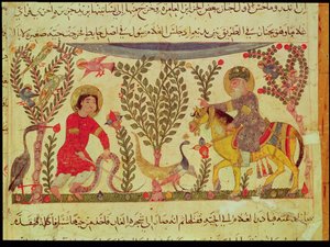 Een dokter die hulp biedt aan een man gebeten door een slang, manuscript uit een verhandeling van Dioscorides, 13e eeuw door Islamic School