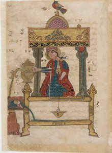 Handwasautomaat met spoelmechanisme, folio uit Het Boek van Ingenieuze Mechanische Apparaten; door Al-Djazari, 1315 door Islamic School