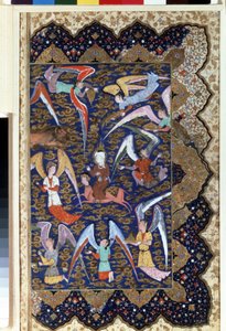 De profeet Mohammed (570-632) (met bedekt gezicht) tijdens de Mirac, zijn hemelvaart naar de zevende hemel op zijn paard Al-Buraq, aquarel op perkament, 16e eeuw, Hermitage Museum, Sint-Petersburg door Islamic School