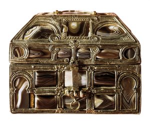 Mozarabische kunst: agaten doos van hout, agaat en zilver. 11e eeuw. Uit de Real Colegiata van San Isidoro. Leon. Archeologisch Museum van Madrid, Spanje