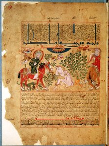 Ms. Arabe 2964 fol.19 De dokter Anoromachus geneest zijn broer die door een slang is gebeten, uit Verhandeling over Theriak naar Galenus, 1217 door Islamic School
