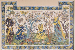 Muurschildering van figuren die ontspannen in een tuin, van de Tchehel Sutun of Paviljoen van Veertig Zuilen gebouwd door Shah Abbas II, Perzisch, uit Isfahan, Iran door Islamic School