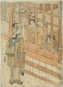 Opklarend weer: de courtisane Azumado van Naka-Ōmiya door Isoda Koryusai